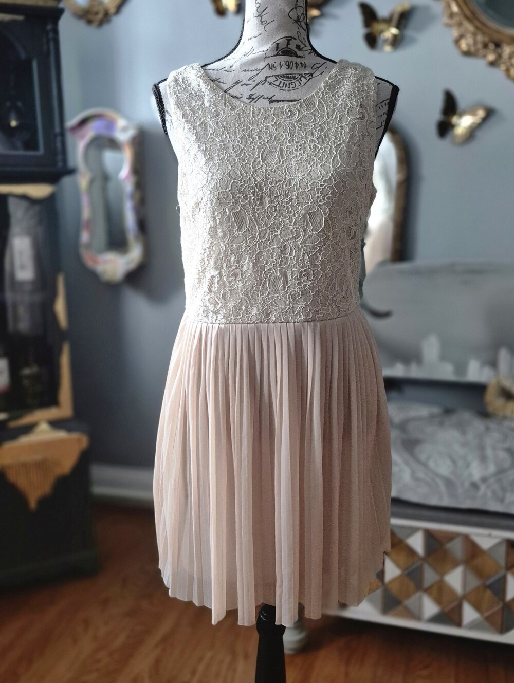 Moon Collection Great Gatsby Style Lace Bodice Pleated Midi Dress Large